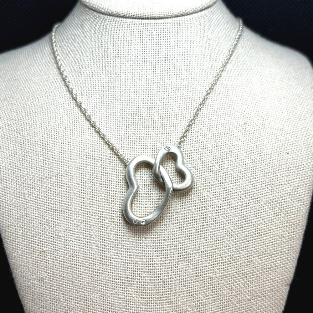VTG Sterling Silver 925 Double Heart Interlocking Hearts Station Necklace 18"